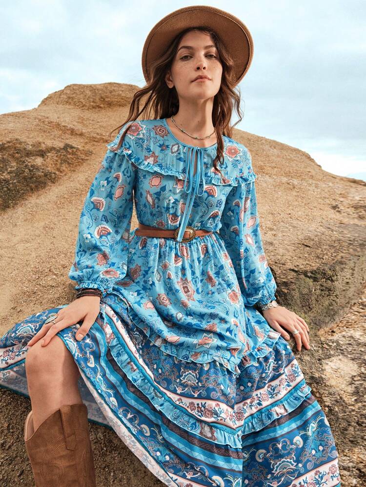 All-Over Floral Tie-Up Dress Without Belt Boho Women Clothing