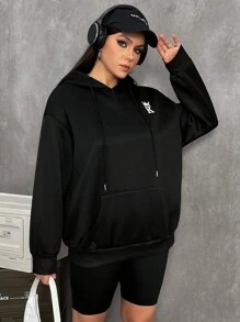 SHEIN EZwear Plus Playing Card Print Drop Shoulder Hoodie - Black - View 4