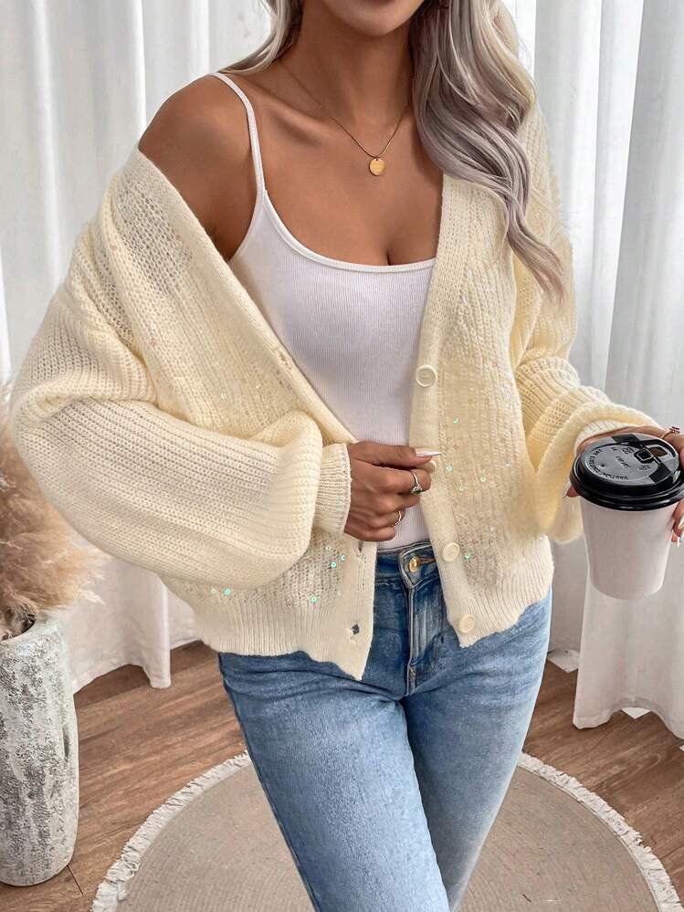 SHEIN LUNE Thả vai Nút phía trước Áo len Mở - Màu be - Xem 6