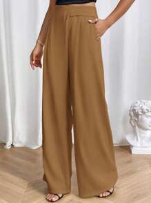 SHEIN Essnce 素色斜口袋褶皺面料闊腿西裝褲 - 卡其色 - 查看 3