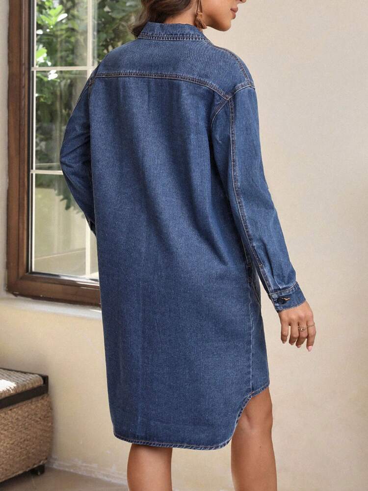 Lapel Neck Drop Shoulder Slant Pocket Denim Dress