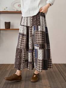 FRIFUL Falda con estampado de retazo bajo con fruncido