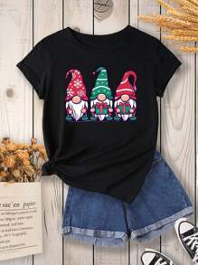 SHEIN LUNE Christmas Gnome Print Tee - Black - View 1