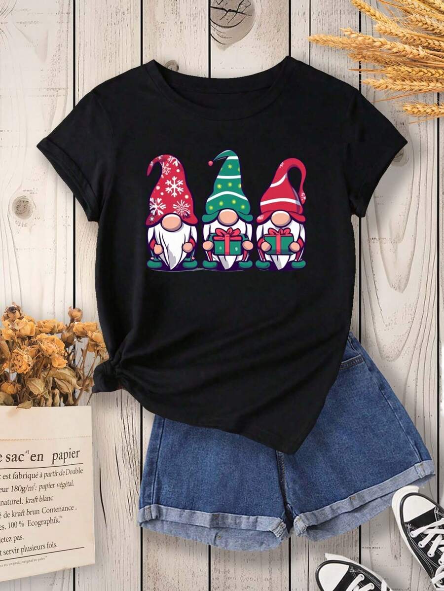 SHEIN LUNE Christmas Gnome Print Tee - Black - View 1