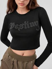 Forever 21 Women's Short Crop Top With Rhinestone Letter Design - Black - View 6