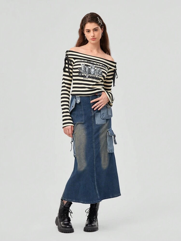 Women's Striped Off Shoulder Knot Front Tee With Cat And Letter Print