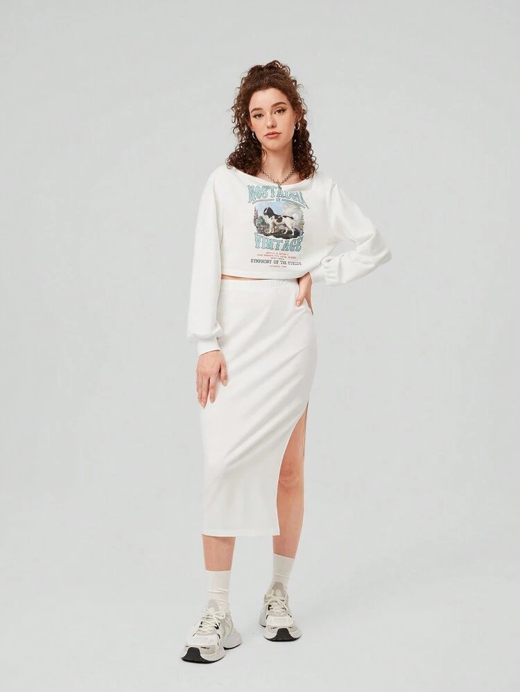 Women'S Dog Pattern Long Sleeve T-Shirt And Split Hem Skirt Two-Piece Set