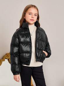 SHEIN Chaqueta corta tejida para niñas preadolescentes con ajuste holgado, unicolor y cuello de pie para ocasiones casuales - Negro - Ver 5