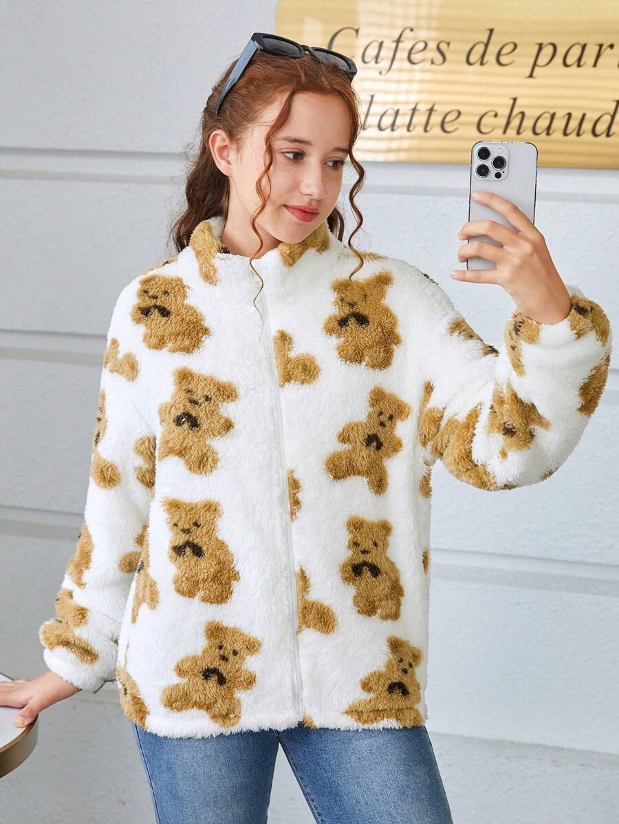 Teen Girl Bear Print Drop Shoulder Fleece Jacket - Multicolor - View 1