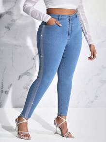 SHEIN SXY Plus High Waist Contrast Rhinestone Side Skinny Jeans - Medium Wash - View 4