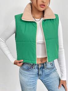 SHEIN LUNE 拉链短款背心加厚加垫外套衣服冬季 - 綠色 - 查看 6