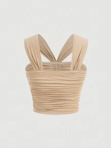 SHEIN MOD Solid Ruched Wide Straps Top - Khaki - View 2
