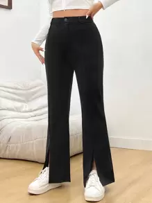 SHEIN EZwear 大碼高腰下擺開叉喇叭褲 - 黑色 - 查看 5