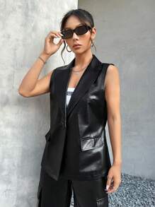 Muchica Lapel Neck Flap Detail Vest Blazer - Black - View 5