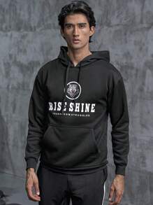 Manfinity Sport Corelite Boyfriend Style Men Letter & Wolf Graphic Kangaroo Pocket Drawstring Sports Sweatshirt Boyfriend Style Men Sweatshirt - Black - View 4