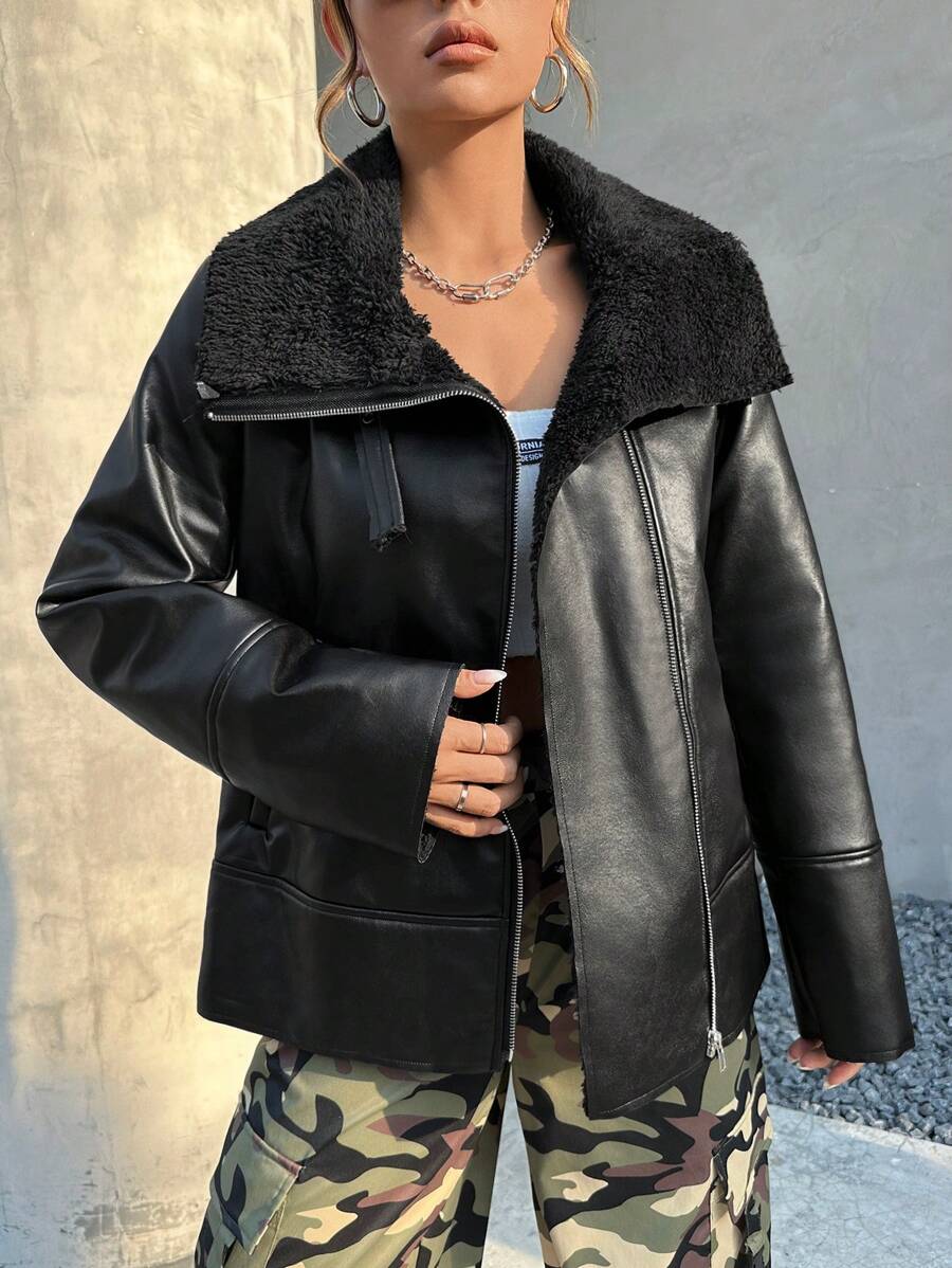 Muchica 羊絨領口落肩袖拉鏈開襟PU皮革夾克 - 黑色 - 查看 1