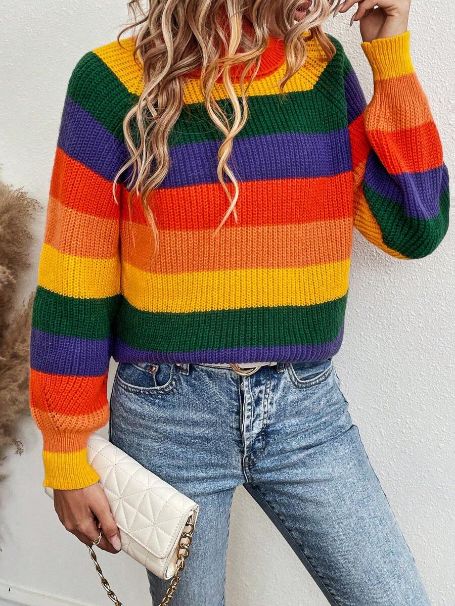 SHEIN LUNE 條紋圖案撞色高領插肩袖套頭毛衣 - 彩色 - 查看 1