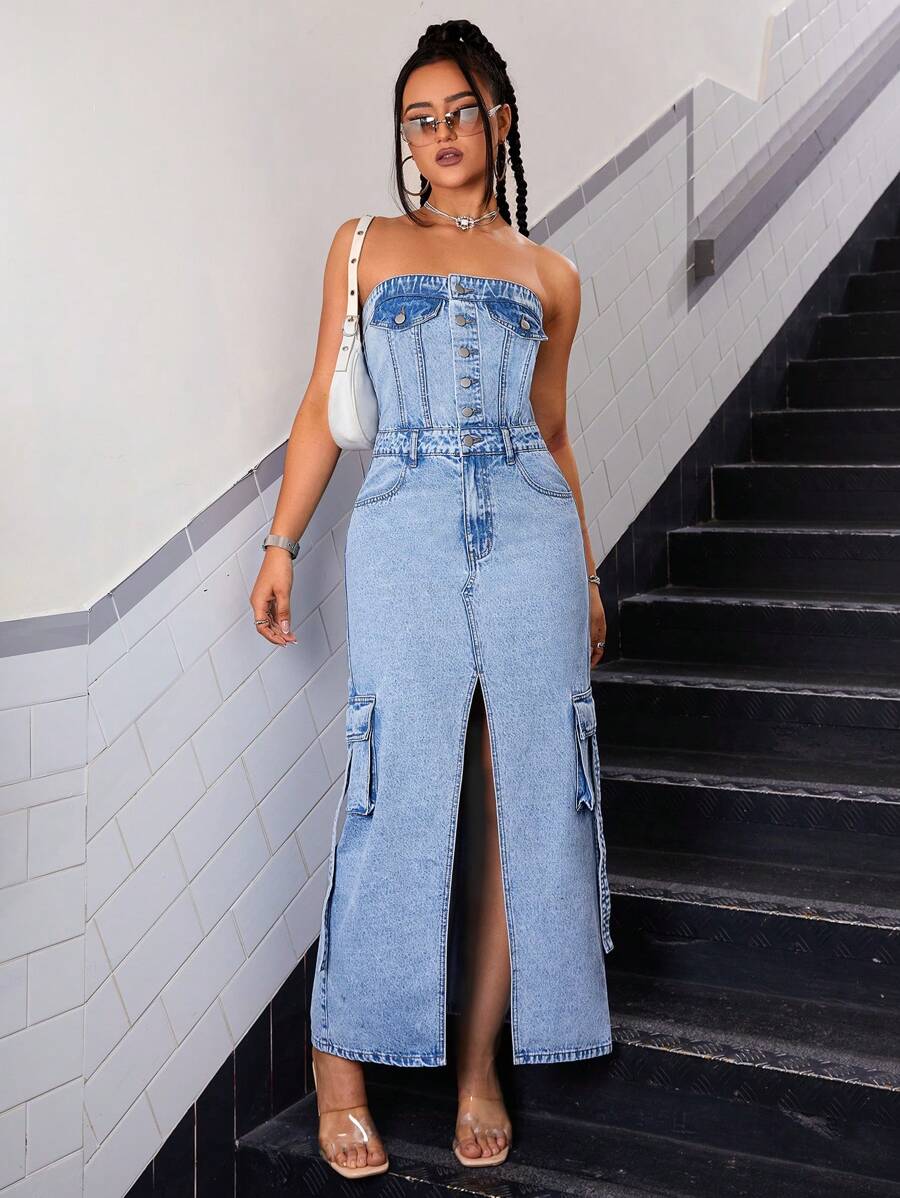 SHEIN ICON Flap Pocket Split Thigh Tube Denim Dress - Light Wash - View 1