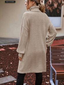 EMERY ROSE Turtleneck Drop Shoulder Split Thigh Sweater,Long Sleeve Tops Knit Pullover Fall Winter Outfit - Camel - View 2