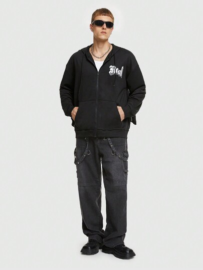 ROMWE Avant Hombres Capucha con letra & con estampado de ala de hombros caídos con cordón