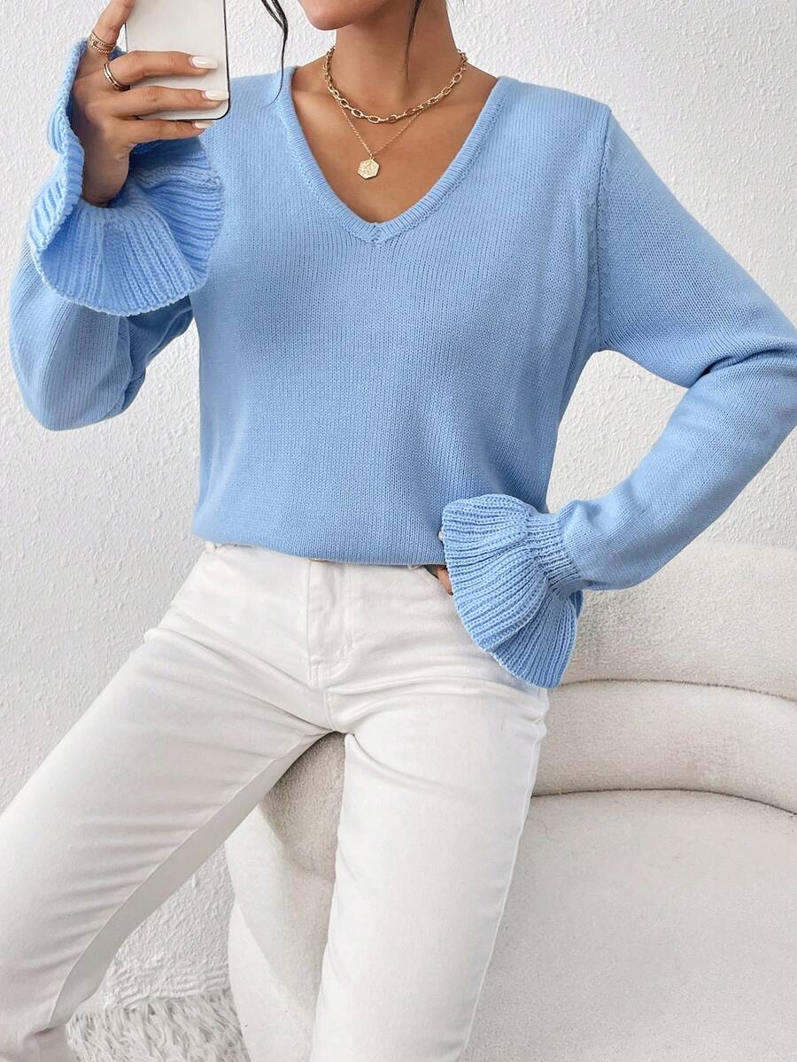 Chiquease Solid Flare Sleeve V Neck Sweater - Blue - View 1