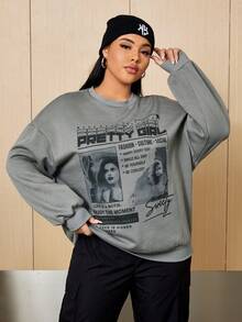 SHEIN EZwear Plus Slogan & Figure Graphic Drop Shoulder Sweatshirt - Light Grey - View 4