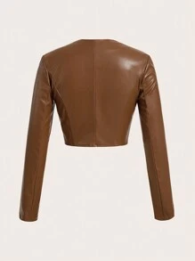 SHEINNeu 前鏤空PU皮革短款上衣 - 棕色 - 查看 2