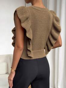 Chiquease Xoắn Dan Viền Ruffle Áo len vest - Cà phê nâu - Xem 2