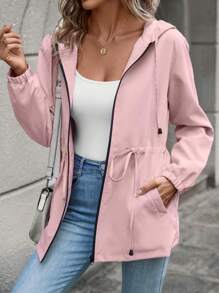 SHEIN LUNE Eo dây rút Dây kéo mặt trước áo có mũ Phù hợp thường Áo khoác - Hồng - Xem 5