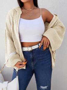 SHEIN Cottnline Kích thước lớn áo có mũ Tay áo lồng đèn Mở Mặt trước Áo len Mở - Màu be - Xem 4