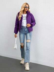 拉链按扣抽绳下摆衬垫大衣 - 紫色 - 查看 6