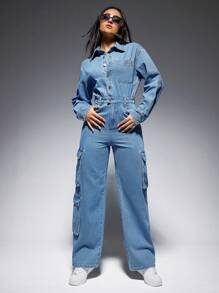 SHEIN EZwear 翻蓋口袋牛仔連身褲 - 中等水洗藍 - 查看 2