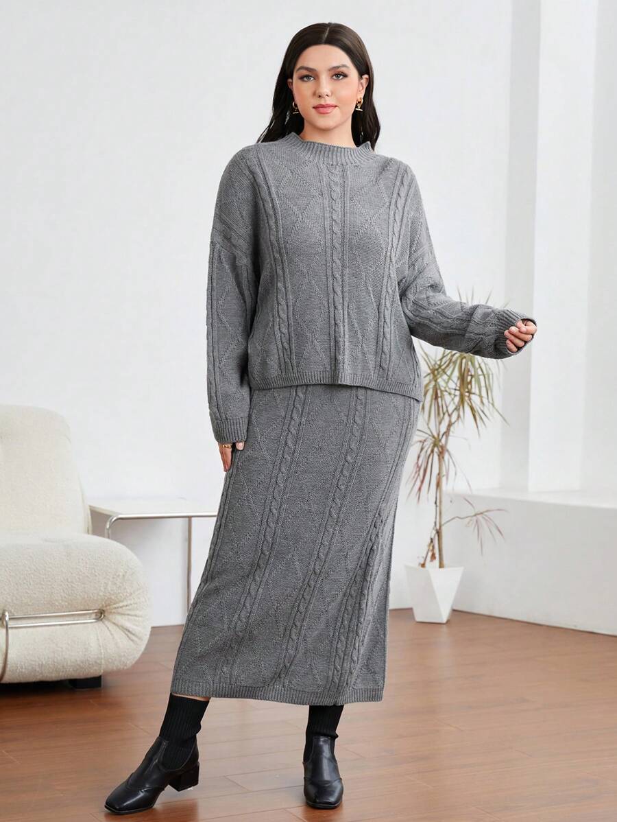 Mulvari Plus Cable Knit Drop Shoulder Sweater & Knit Skirt - Grey - View 1