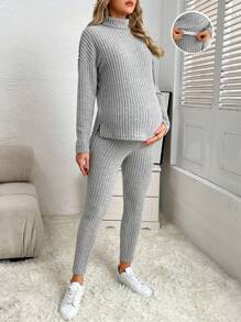 SHEIN Maternity Mock Neck Drop Shoulder Tee & Adjustable Waist Leggings - Light Grey - View 1