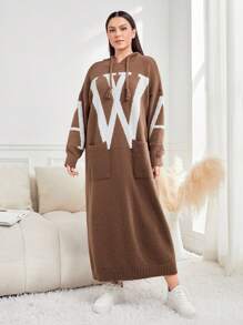 Mulvari Kích thước lớn In thư Dây rút Hoodie Đầm Áo len Với Giường đôi tiêu chuẩn Túi - Màu Khaki - Xem 3