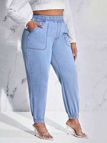 SHEIN SXY Plus Elastic Waist Jogger Jeans - Light Wash - View 3