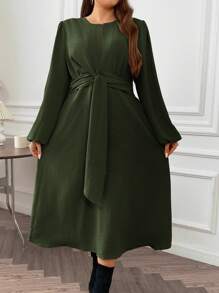 SHEIN Franclia Plus Lantern Sleeve Knot Front Dress - Army Green - View 5