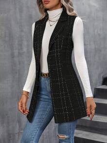 SHEIN Essnce 格紋西裝領外套馬甲 - 黑色 - 查看 5