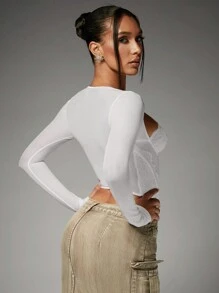 SHEIN BAE 甜心领蕾丝拼接紧身胸衣短款上衣，女士性感不对称，撞色蕾丝，系带常规袖甜心修身白色纯色女式上衣，春季/秋季，派对/夜总会服装 - 白色 - 查看 2