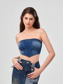 Forever 21 女式休閒修身短版牛仔抹胸上衣 - 藍色 - 查看 2