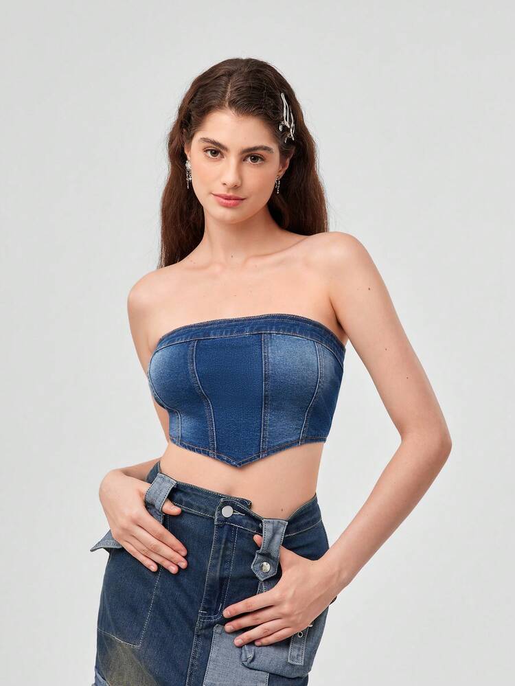 Women's Casual Slim Fit Cropped Denim Tube Top
