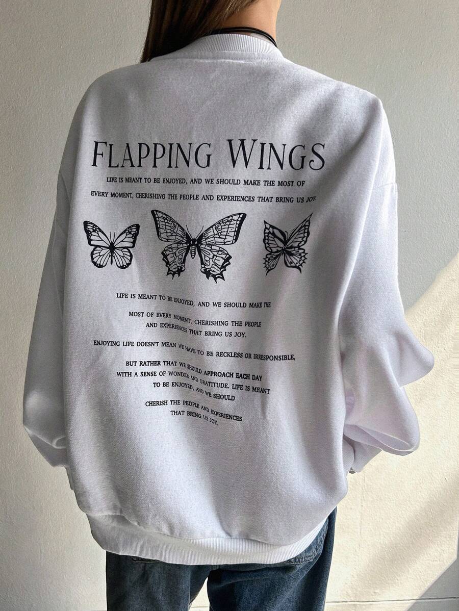 DAZY Slogan & Butterfly Print Drop Shoulder Sweatshirt - White - View 1