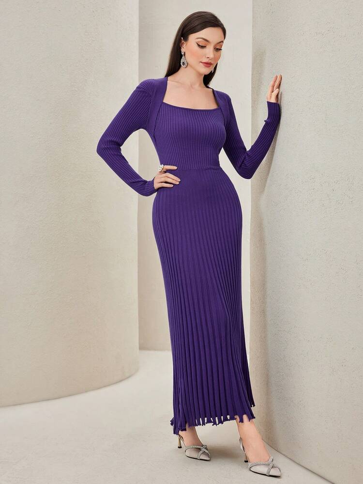 Women's Square Neck Solid Color Close-fitting Ribbed Knit Fringed Hem Sweater Dress Without Waist Belt