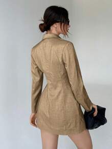 SHEIN Privé 西裝領百褶細節不對稱下擺西裝洋裝 - 棕色 - 查看 2