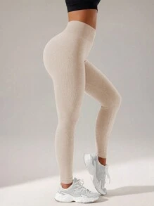 Easithlete Solid Tummy Control Sports Leggings - Beige - View 4