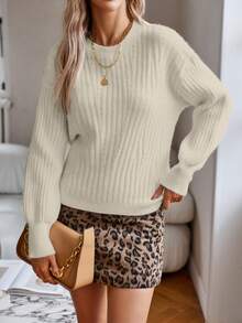 SHEIN Privé Solid Drop Shoulder Ribbed Knit Sweater - Apricot - View 4