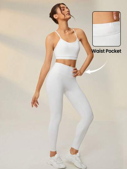 Lifespree Solid Cami Top & Wide Waistband Sports Leggings