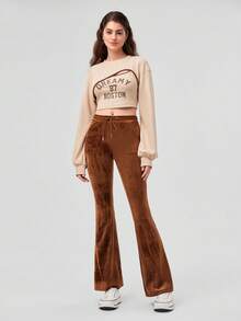 Forever 21 Quý cô Màu thuần Eo dây rút Quần loe , Dài - màu nâu - Xem 4