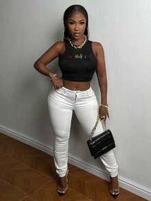 Slaydiva Đồ họa Khẩu hiệu Crop Tank Top - màu đen - Xem 5