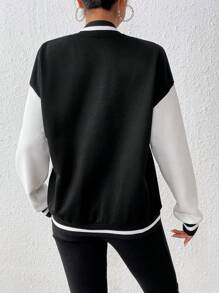 SHEIN Unity Women's Casual Fashion Street Sporty Collegiate Style Letter Graphic Contrast Color Loose Fit Baseball Jacket - Black and White - View 2